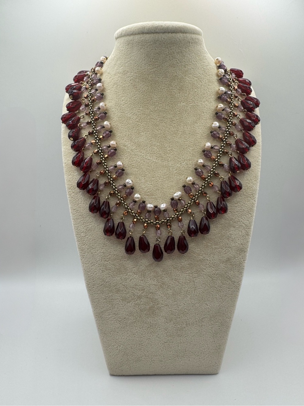 Vintage Avon Garnet & Amethyst-Colored Beaded Fringe Choker Necklace
